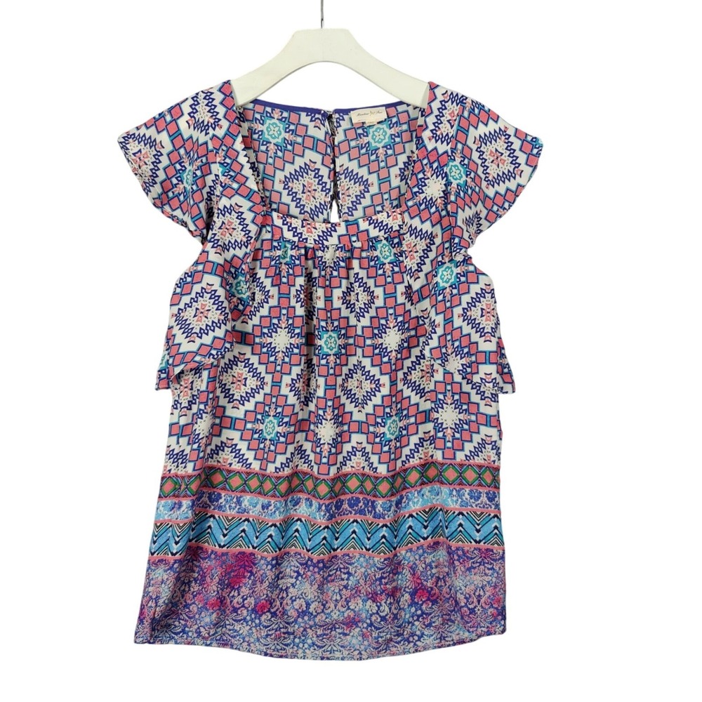 Meadow Rue Womens Tribal Southwestern Artsy Eclectic Flutter Sleeve Blouse 4 Top